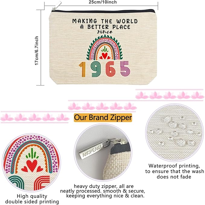 ancpeany Happy 60th Birthday Gifts for Women Makeup Bag, Funny 1965 60 Year Old Birthday Decorations Gift Ideas for Grandma, Mom, Her, Wife, Sister, Aunt, Small Cosmetic Travel Bags for Mothers Day