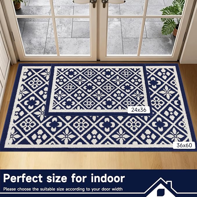 Ileading Indoor Door Mat 3x5ft, Absorbent Muddy Mats for Dogs, Low-Profile Entrance Large Welcome Mat with Non-Slip Rubber Backing, Washable Runner Carpet for Hallway,Entryway,Kitchen(Navy)