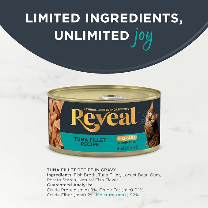 Reveal Natural Wet Canned Cat Food,Limited and Natural Ingredients,Grain Free,High Protein with No Artificial Additives,Tuna in Gravy (2.47 oz Cans),(Pack of 48)