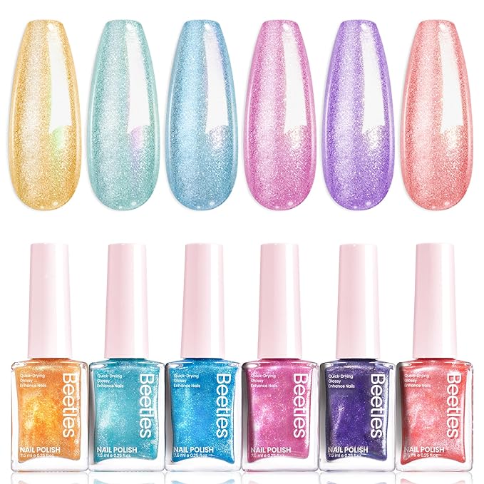 Beetles Spring Nail Polish Set - Candy Galaxy, 6 Colors Pastel Pearl Glitter Nail Polish Quick Dry Set, 7.5ml/0.25 Fl Oz Spring Nails Art, Long Lasting Shine DIY Manicure Easter Nails Gift for Her