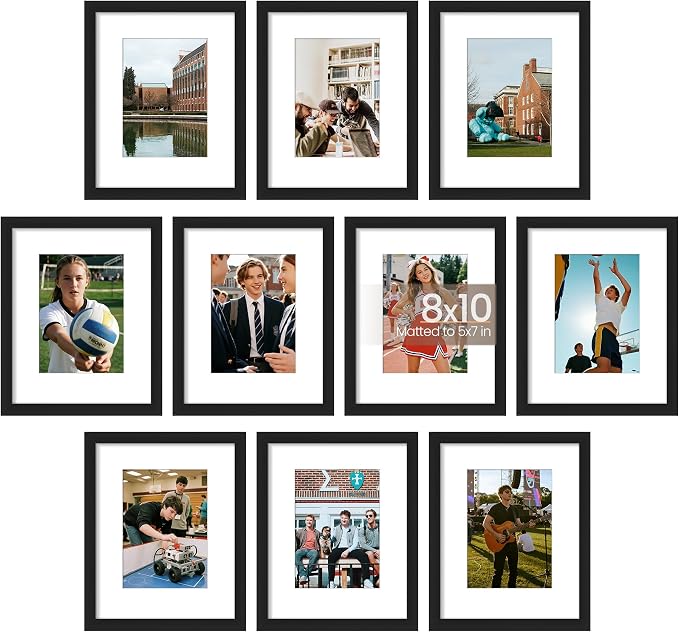 upsimples 8x10 Picture Frame Set of 10, Display Pictures 5x7 with Mat or 8x10 Without, Multi Photo Frames Collage for Wall or Tabletop Display, Black | Fit 5x7 and 8 x 10 Photos, Wall or Tabletop Display, For Gallery Hallway Living Room, For Christmas