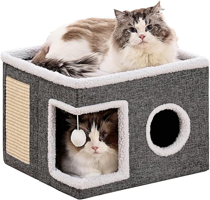 Large Cat Houses for Indoor Cats with Fluffy Ball and Scratch Pad | Foldable Cat Bed Cave for Multiple Pets, Kitten Bed for All Seasons, Non-slip, Hold Up to 30LBS, 16x16x13inch, Grey