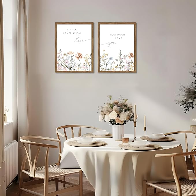 Wood Framed Wildflower Nursery Wall Art Set of 2, Boho Flower Botanical Wall Decor Paintings, Baby Girl Nurseries Pictures Posters Prints for Nursery Baby Room Bedroom Home Decoration 16x24 Inch