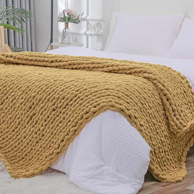Bigacogo Chunky Knit Throw Blanket for Couch, 51x63 inches, Goldenrod | Hand Knit with Jumbo Chenille, Soft Breathable Cable Knit for Sofa Bed Living Room, Machine Washable, Gift for Mom Friend