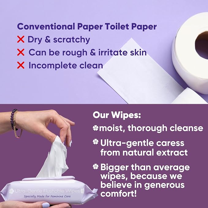 Violet Vibes Toilet-Friendly Coconut Rose Wet Wipes for Women | Butt & Vaginal Freshness | Soft, Clean, Refreshing Hygiene | Dermatologist Approved Flushable Feminine Wipe for Sensitive Skin 160 ct