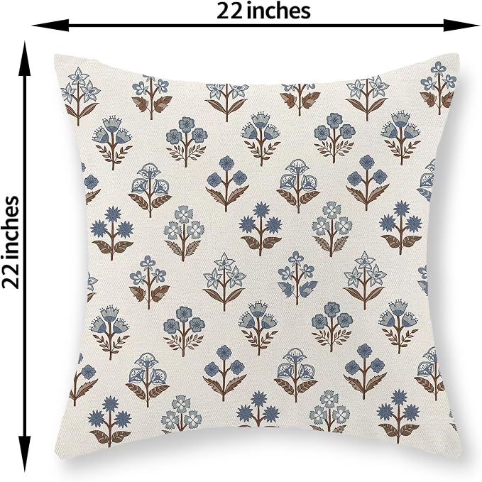 Brown Blue Pillow Covers 22x22 Inch Set of 2 Boho Block Print Floral Throw Pillows Vintage Flower Decorative Pillow Cases Outdoor Linen Farmhouse Cushion Cover for Couch Sofa Bed Decor