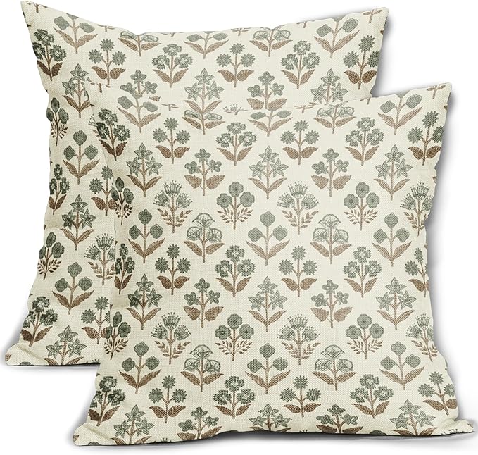 Brown Green Floral Block Print Pillow Covers 20x20 Inch Set of 2, Vintage Flower Pattern Decorative Throw Pillowcases Outdoor Farmhouse Cushion Covers Spring Summer Rustic Sofa Couch Bed Decor