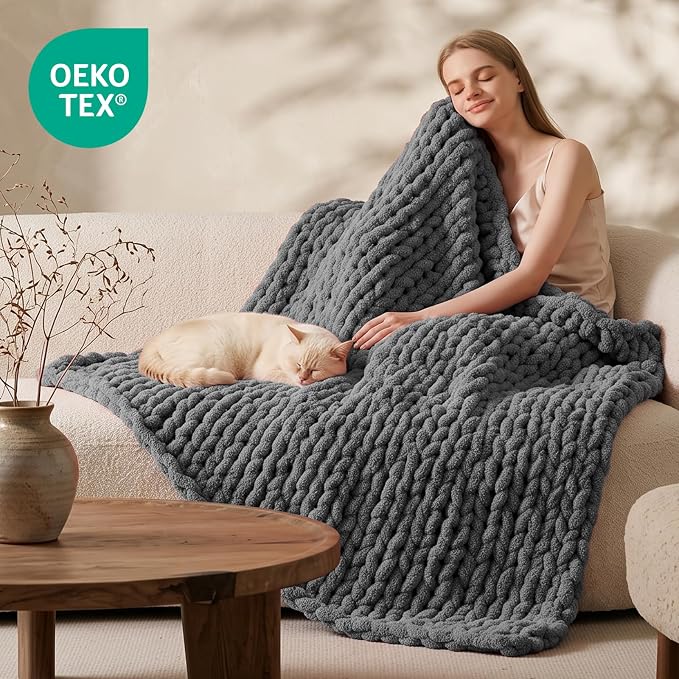 L'AGRATY Chunky Knit Throw Blanket for Couch, 50 x 70 Inches, Dark Grey | Handmade Chenille Crochet Blanket for Sofa Bed, Thick Cable Knitted Blankets for Room Home Decor, Birthday Gift for Women Mom