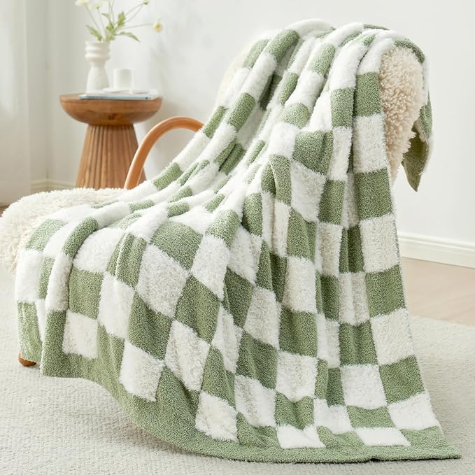 Snuggle Sac Faux Fur Checkered Blanket Twin Size with Soft Knitted Microfiber,Cozy Soft Warm Blanket for Sofa Bedroom Living Room,St Patricks Day Gift,Sage Green Checker,60x80 inches