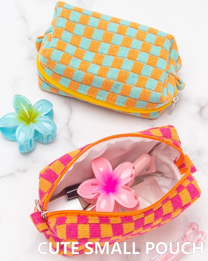 PAZIMIIK 6PCS Checkered Makeup Bag for Purse Portable Zipper Make Up Pouch Small Cosmetic Case for Travel Red Orange