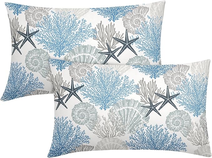 Coastal Starfish Seashell Coral Lumbar Pillow Covers 12X20 Inch Set of 2 Summer Nautical Beach Decorative Pillow Cases Sea Ocean Cotton Linen Cushion Case Farmhouse Home Decor For Sofa Couch Bed Room
