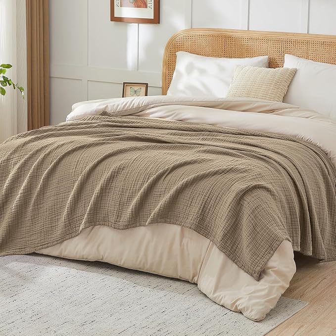 EMME Muslin Blankets for Adults Throw Blanket for Couch Breathable Gauze Soft Lightweight Airy Tan Queen 90" x 90"