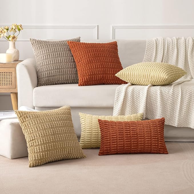 MIULEE Lumbar Corduroy Decorative Throw Pillow Covers 12x20 Khaki Pack of 2 | Soft Boho Striped Pillow Covers Modern Farmhouse Fall Home Decor For Sofa Living Room Couch Bed