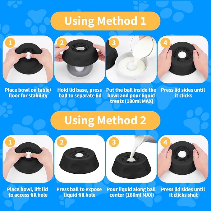 Dog Licking Bowl with Rolling Ball - Slow Feeder Dog Lick Bowls for Yogurt Liquid Treat, Anti-Slip Entertained Bone Broth 5/6 Cup Pup Licking Toy for Large Medium Small Pet Cats Dietary Black