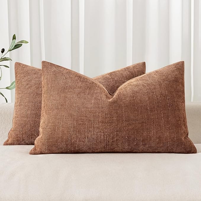 MIULEE 12x20 Inch Lumbar Textured Chenille Throw Pillow Covers Pecan Brown | Pack of 2 Decorative Soft Throw Pillows, Solid Textured Cushion Covers, Modern Home Decor for Couch Sofa Bedroom Living Room