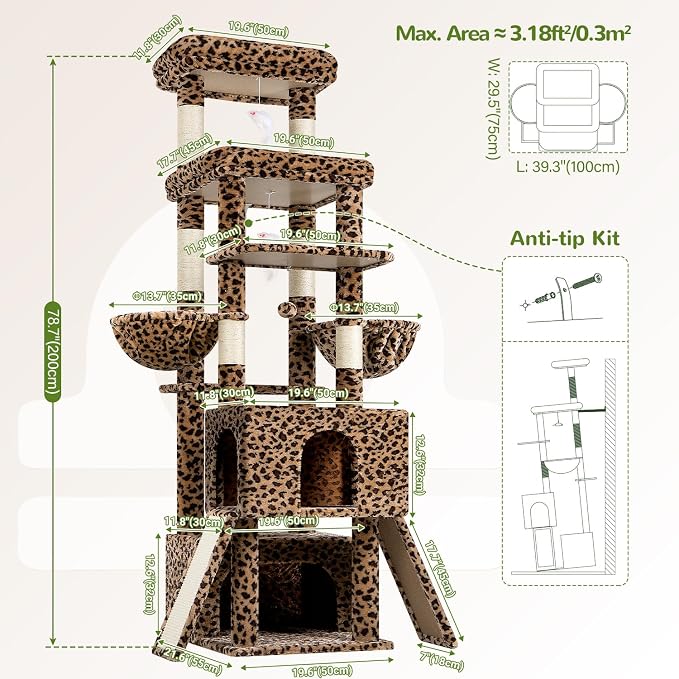 Globlazer Heavy Duty Cat Tree 78 inch Sturdy Cat Tower for 20lbs Large Adult Cats, Symmetrical Aesthetic Big Cat Tree with Extra Large Platform, 2 Scratching Boards, Z78, Leopard Print