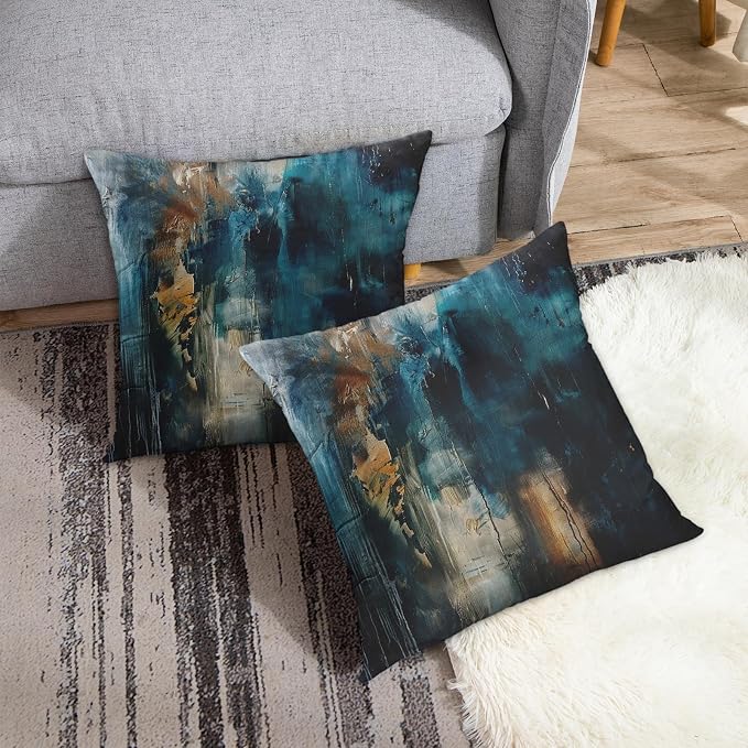 Throw Pillow Covers Set of 2, 20 x 20 Inch, Teal Black | Abstract Modern Art Outdoor Decorative Square Pillow Cases Couch Cushion Case for Couch Bed Sofa Living Room Home Decor