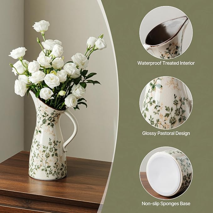 Ceramic Flower Vase for Home Decor, Vintage Green Pitcher Vase 10.5 Inch | Rustic Farmhouse Floral Vase for Wedding Centerpiece, Coffee Table, Living Room, Kitchen, Mantel, Bookshelf, Entryway