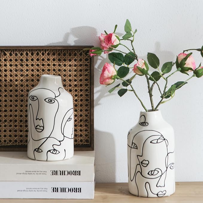 Kimdio Ceramic Vase Set, 2pcs White Abstract Irregular Design Flower Vases, Modern Home Decor Living Room Decor Minimalist Decorative Vase for Pampas Grass