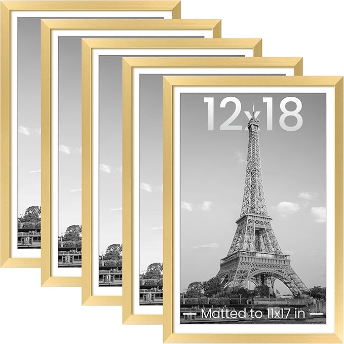 upsimples 12x18 Picture Frame, Gallery Wall Frames Set of 5, Gold | Poster Frame Collage Wall Decor, 11x17 Picture Frame with Mat for Family, Wedding, Hallway, Christmas