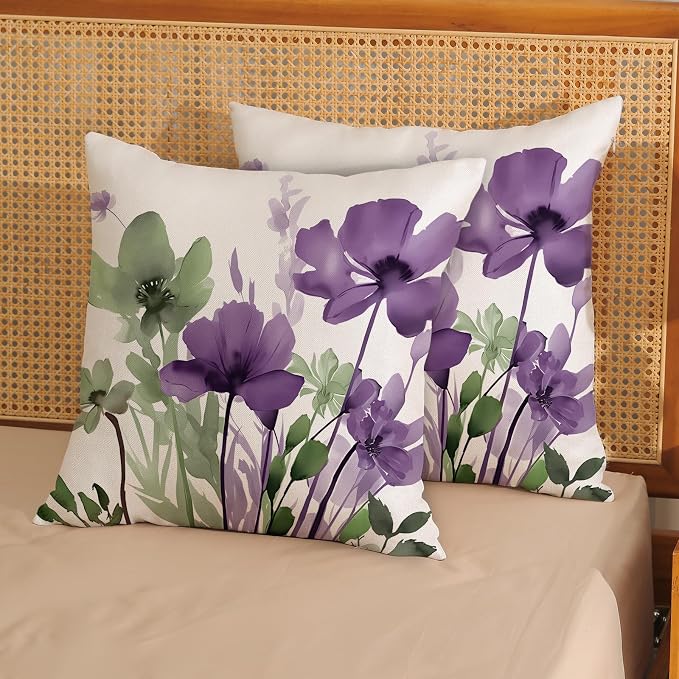 Spring Floral Pillow Covers 20x20 Inches Set of 2 Sage Green Purple Floral Throw Pillow Covers Outdoor Summer Flower Decoration Pillowcase Farmhouse Decorative Cushion Cover for Home Couch