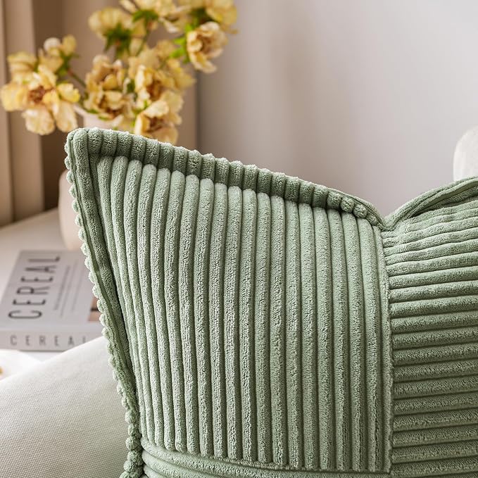 MIULEE Decorative Throw Pillow Covers for Couch 20x20 Light Olive Green | 2 Pack, Boho Broadside Striped Patchwork Pillow Covers, Soft Corduroy Cushion Cases, For Sofa Bed Livingroom Home Decor