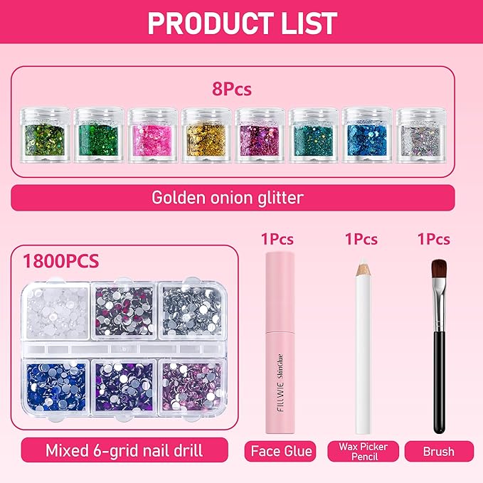 Chunky Body Glitter & Face Gems Set – Multi-Color Holographic Glitter, Flatback Pearls, Glue, Wax Pencil & Brush for DIY Festival Makeup, Halloween, Parties, Raves, Stage & Hair Decoration