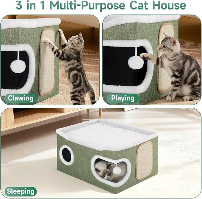 Shikha Extra Large Cat House Bed for Multi Cats with Scratch Pad Green | 24 x 17.7 x 12.6 IN Widen Cat Cave Cube for Multi Pets, Foldable, Arc-Edge Design, Oval Door, All Seasons Reversible Cushion