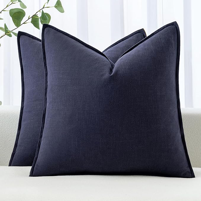 MIULEE Decorative Linen Euro Sham Pillow Covers 24x24 Navy | Boho Farmhouse Neutral Couch Throw Pillows for Bed, Pack of 2 Accent Coastal Modern Pillowcases, Sofa Livingroom Home Decor