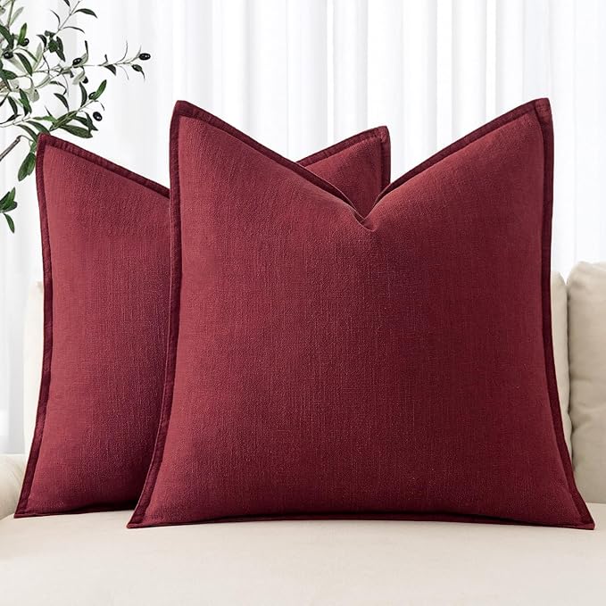 MIULEE Decorative Linen Pillow Covers 22x22 Inch Burgundy Red | Boho Farmhouse Christmas Couch Throw Pillows for Bed, Pack of 2 Accent Modern Pillowcases, Sofa Livingroom Home Decor