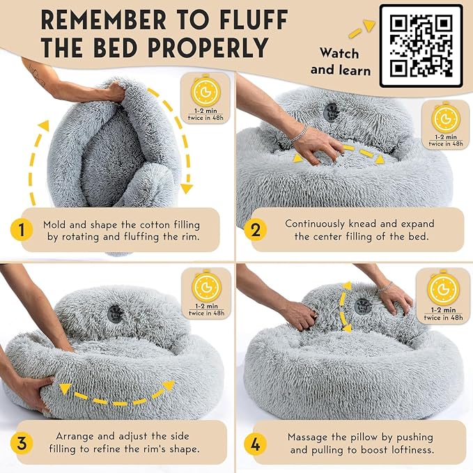 PetJett Small Dog Bed - 23'' Round Dog Beds, Calming Puppy Bed - Anti-Slip & Washable Super Soft Fluffy Plush Faux Fur Pet Bed, Anti-Anxiety Premium Comfort Donut Bed,Fits Dogs upto 25 lbs,Bright Gray