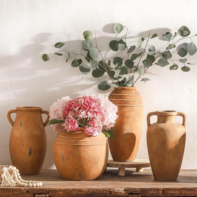 Ceramic Vase with 2 Handles, 11.41 Inch Rustic Farmhouse Vase | Terracotta Wide Mouth Vase Adds Rustic Farmhouse Charm to Living Room, Entryway, Shelf, and Table Decor, Perfect for Weddings