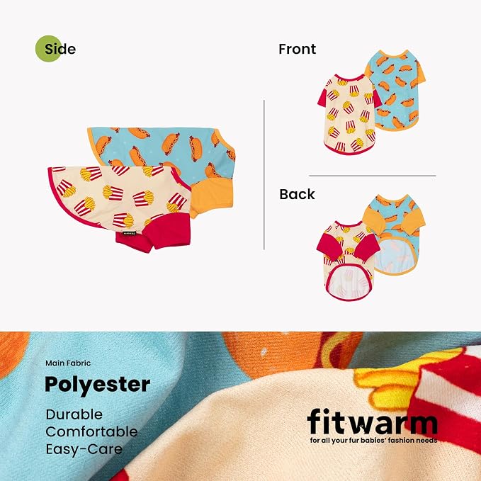 Fitwarm 2 Pack Hot Dogs & French Fries Dog Shirt, Funny Summer Clothes for Small Dogs Boy Girl, Cozy Pet Outfit, Beige, Blue, XS