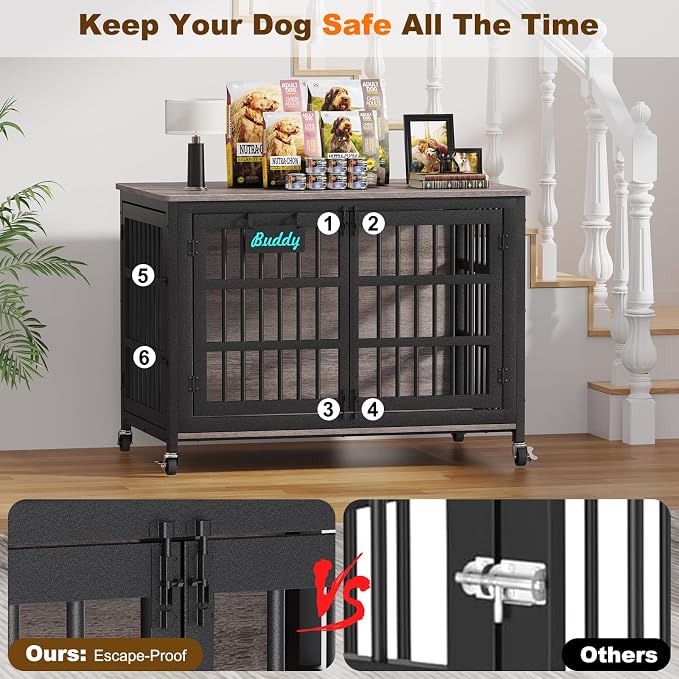 EasyCom 46"/42"/33" XXL Heavy Duty Dog Crate Furniture with Casters | Dog Kennel Indoor with Name Tag, Escape-Proof and Chew-Proof Dog Cage for Large High Anxiety Dog, as End Table