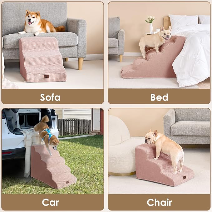 EHEYCIGA Curved Dog Stairs Ramp, 5-Step High Beds, 22.6" H Pet Step | 33D density of pure foam, for Small Dogs and Cats, Pet Stairs for High Bed Climbing, Non-Slip Balanced Indoor, Dusty Pink