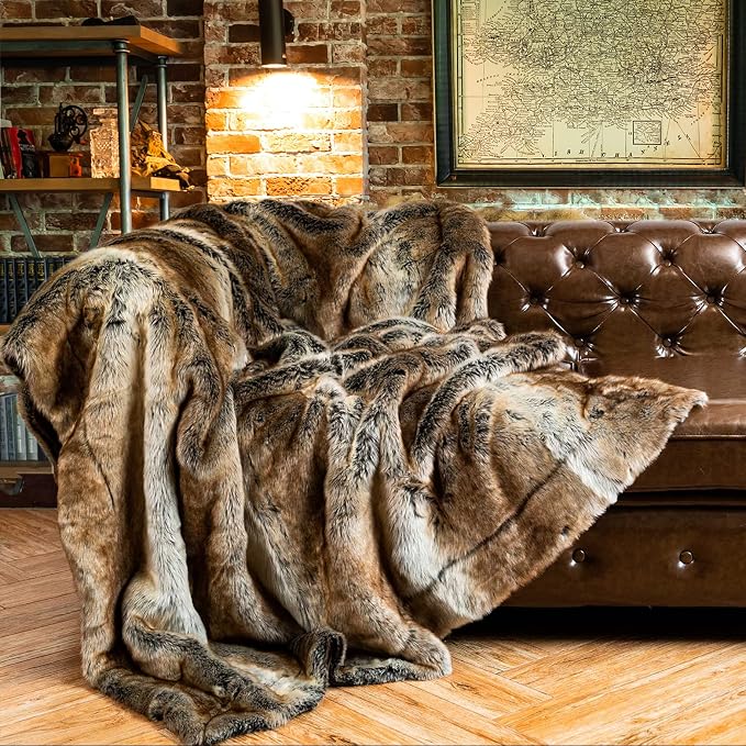 BATTILO Large Brown Faux Fur Throw Blanket for Bed, 60"x80", Shaggy | Super Thick Warm Elegant Cozy Plush Furry Fuzzy Fluffy Faux Fur Blankets for Couch, Sofa, Living Room, Home Decor