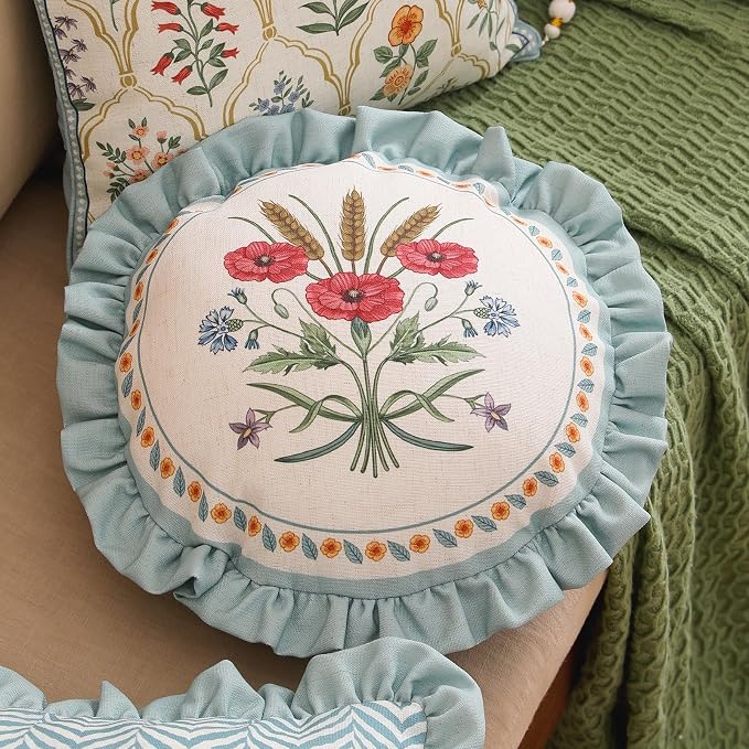 Vintage Linen Throw Pillow Cover,Set of 2,Diameter 16"-Serenity C | Designer Elegant Round Pillow Cover,Concealed Zipper Design,Floral Pattern,Sofa,Bedroom,Living Room,Lounge Chairs