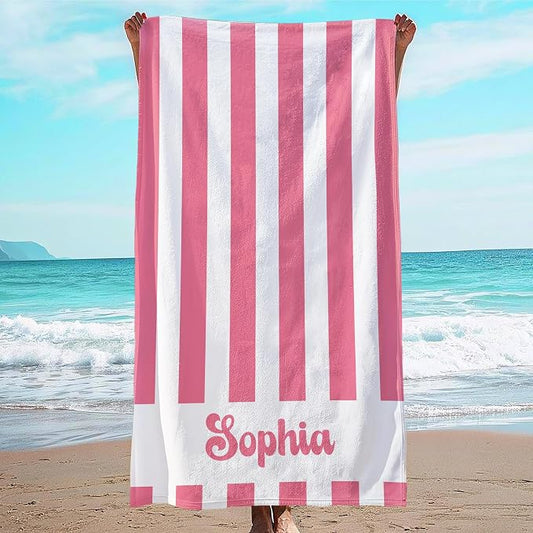 JML Personalized Beach Towel with Name, Custom Cabana Stripe Beach Towel, Customized Microfiber Pool Towel, Quick Dry & Absorbent Swim Towel for Adult,Anniversary, Birthday, Summer Holiday,Vacation