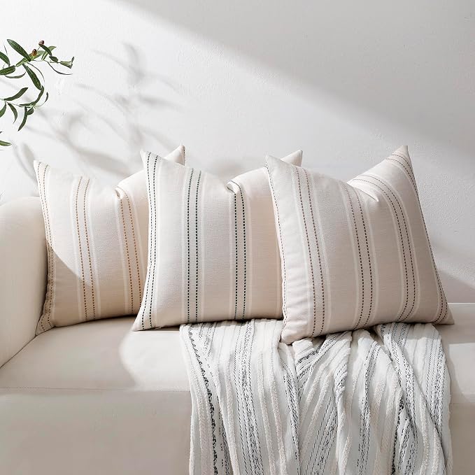 Hckot Striped Throw Pillow Covers 18x18 Set of 2 Taupe Pillow Covers | Farmhouse Decorative Pillows Textured Linen Square Cushion Covers for Sofa Couch Bed Living Room Decor(Taupe)