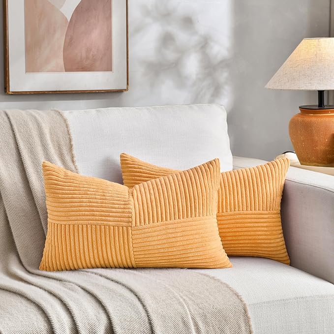 Fancy Homi Gold Yellow Long Lumbar Decorative Throw Pillow Covers 16x24 Inch for Living Room Couch Bed, Boho Farmhouse Fall Home Decor, Soft Corduroy Corss Textured Cushion Case 40x60 cm