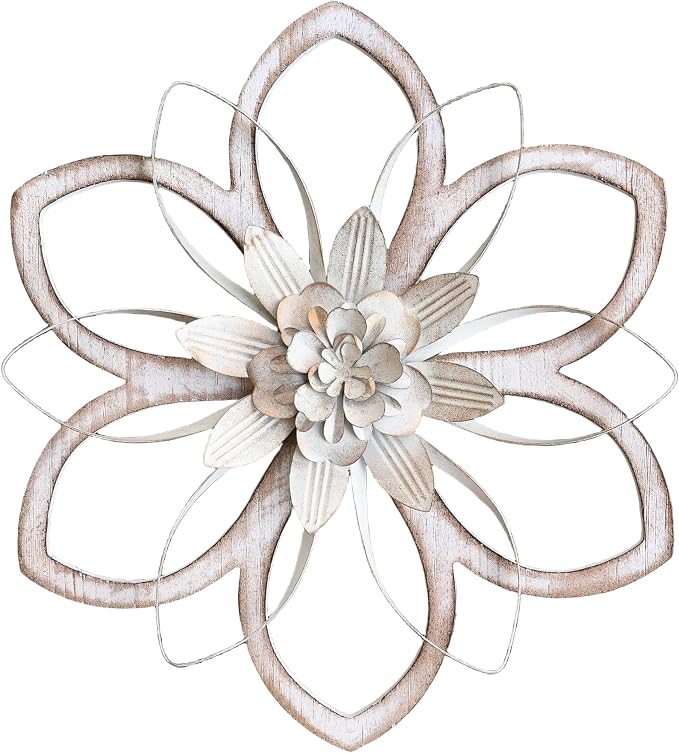 Remenna Metal & Wood Flowers Wall Decor, Rustic Wall Art Decoration Farmhouse Wall Decorations Multiple Floral Hanging Decor for Bathroom Living Room Home Office Garden Kitchen White 12inch