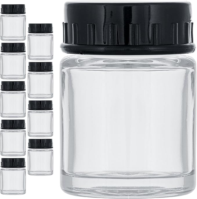 Master Airbrush (Pack of 10) TB-001 Empty 3/4 Ounce (22cc) Glass Jar Bottles with Plastic Lids - Replacement Jars, Paint Storage Bottles - Jars Screw Into Siphon Feed Airbrush Lid Adaptor Assemblies