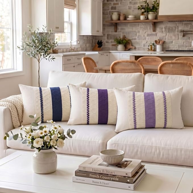 Fancy Homi Set of 1 Boho Purple Lumbar Decorative Throw Pillow Cover 12x20 Inch for Couch Bed Sofa Chair, Modern Organic Farmhouse Home Decor, Soft Cotton Cute Accent Rectangle Cushion Case