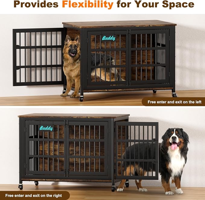 EasyCom 46"/42"/33" XXL Heavy Duty Dog Crate Furniture with Casters | Dog Kennel Indoor with Name Tag, Escape-Proof and Chew-Proof Dog Cage for Large High Anxiety Dog, as End Table