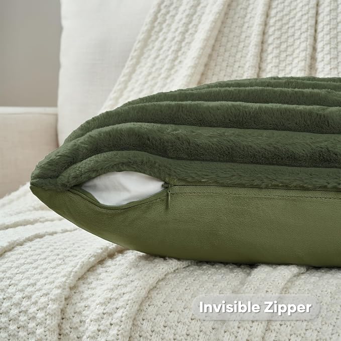 FUTEI Pack of 2 Faux Fur Throw Pillow Covers 28x28 Inch, Olive Green | Fluffy Faux Rabbit Fur Front/Premium Velvet Back,Hidden Zipper,Machine Washable,Non-Shedding,Colorfast,Insert Not Included.