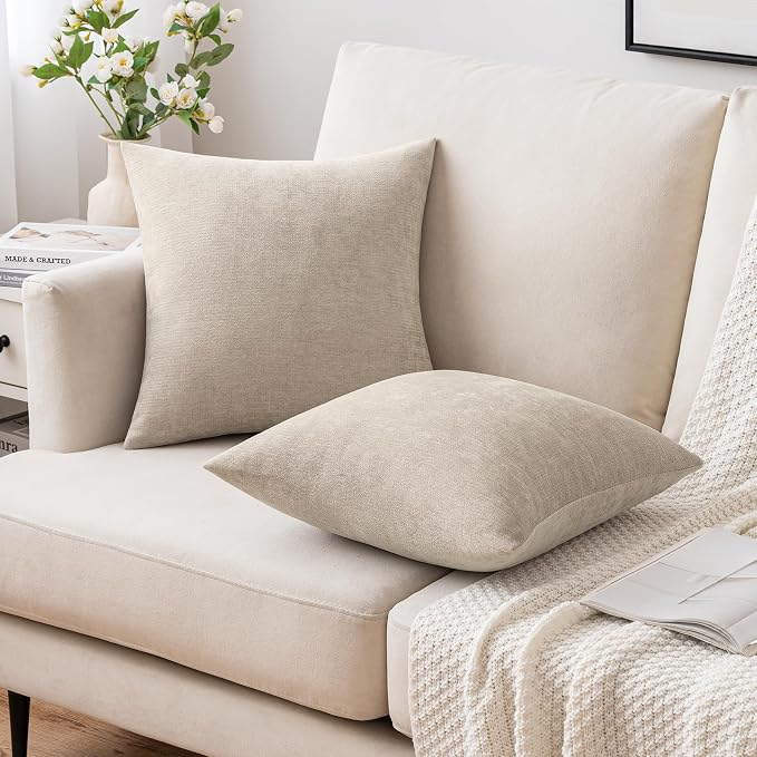 MIULEE Pack of 2 Beige Decorative Pillow Covers 24x24 Inch | Soft Chenille Couch Throw Pillows Eruo Sham Farmhouse Cushion Covers for Home Decor Sofa Bedroom Living Room