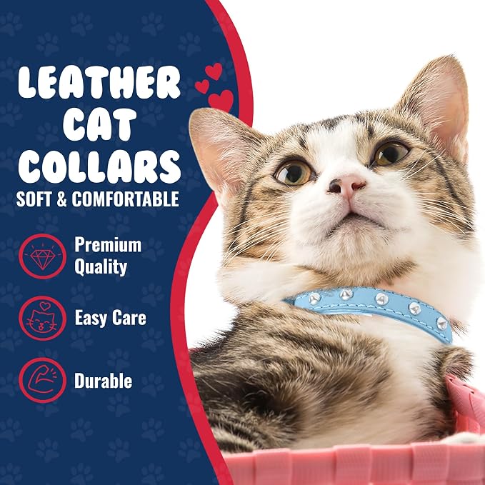 Rhinestones Cat Collar, Genuine Leather Kitten Collar, Sturdy Breakaway Cat Collar, Water-Resistant Cat Collar with Bell & Elastic Stretch, Baby Blue, 10 x 1/2 inches - Angel Pet Supplies