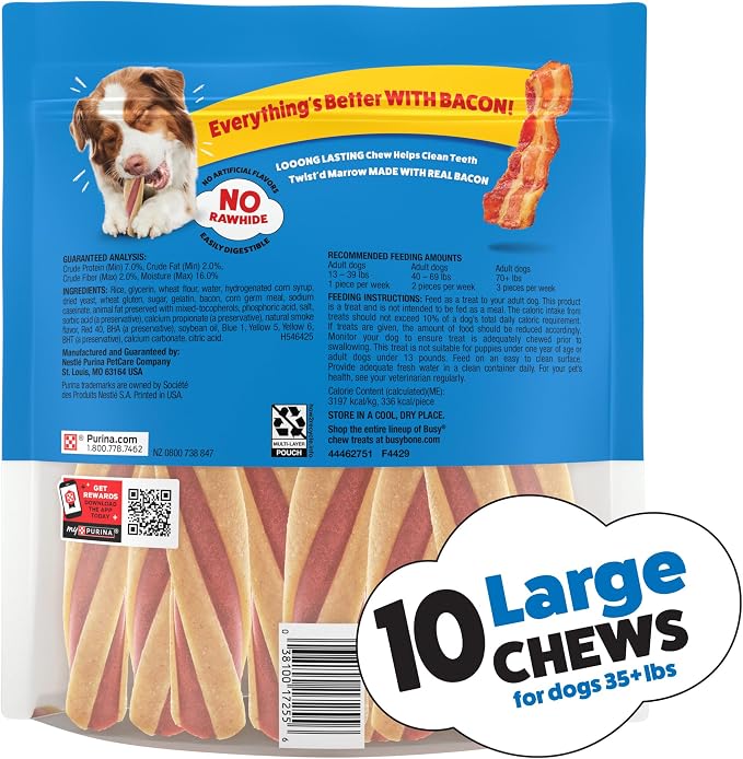Purina Busy with Beggin Twisted Dog Treats, with Real Bacon, 10 ct Pouch | Bacony dog treat wrapped around long-lasting Busy chew, rawhide free, with no artificial flavors, made in the USA