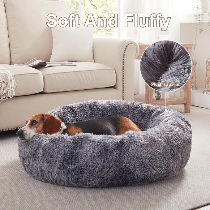 33 in Faux Fur Donut Dog Bed for Medium Plus Dogs,Tie-dye Grey | Calming Plush Round Fluffy Pet Bed with Removable & Washable Cover,Fits up to 65 lbs Pets