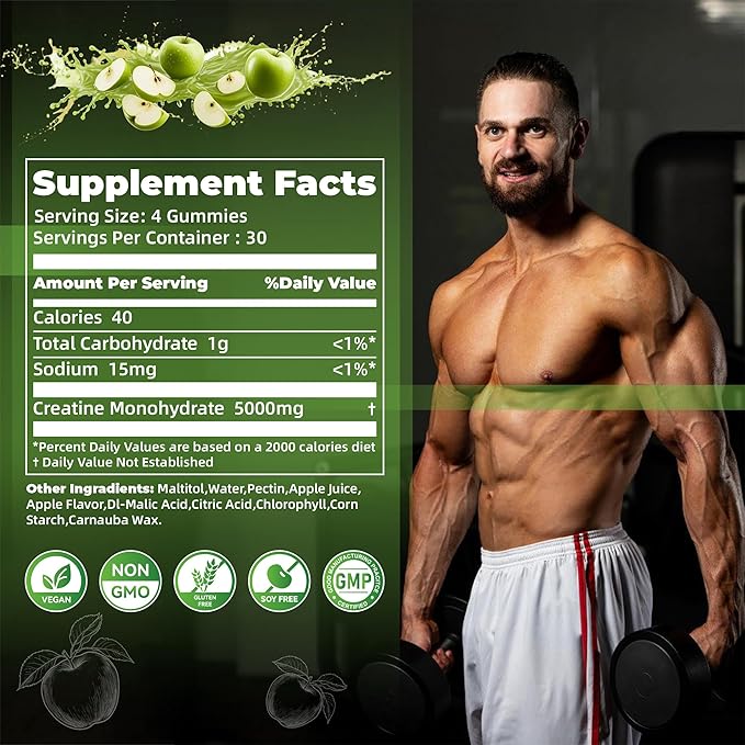 Nutravita Creatine Monohydrate Gummies for Men & Women-5g of Creatine Monohydrate per Serving - Sugar Free,Vegan, Apple Flavor, 120 Count